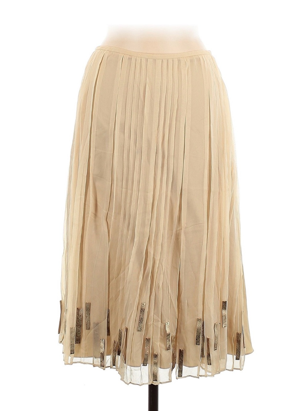 Elie Tahari Beige Pleated Midi Skirt with Metallic Hem Accents
